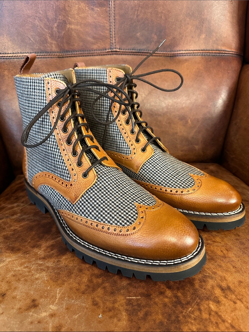 Taft The Holt Boot Men’s 8 Leather & Wool Houndstooth Lace-Up Boots
